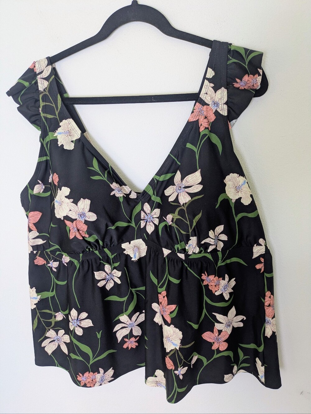 Shade & Shore Tankini Swim Top Fit and Flare Black Floral Sz 2X Wide Straps NEW